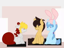 Size: 2828x2121 | Tagged: safe, artist:euphorictheory, derpibooru import, oc, oc:wolfbane, unnamed oc, unofficial characters only, earth pony, pegasus, pony, unicorn, colored wings, female, floppy ears, hairband, hat, image, jpeg, male, mare, simple background, stallion, wings