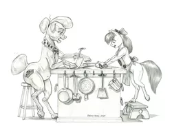 Size: 1500x1097 | Tagged: safe, artist:baron engel, derpibooru import, apple bloom, granny smith, earth pony, pony, female, filly, foal, image, jpeg, mare, monochrome, pencil drawing, traditional art