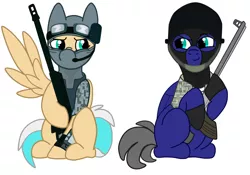 Size: 2428x1700 | Tagged: safe, artist:euphorictheory, derpibooru import, oc, oc:flareblitz, oc:snow blizzard, unofficial characters only, pegasus, pony, balaclava, camouflage, clothes, duo, goggles, gun, headset, helmet, image, jpeg, male, military, military uniform, soldier, stallion, uniform, vest, weapon, wings