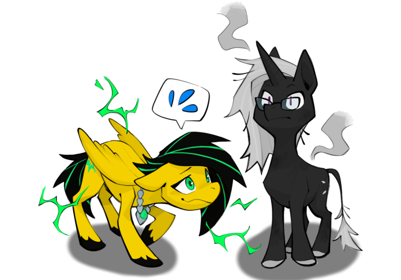 Size: 3000x2100 | Tagged: safe, artist:dar, derpibooru import, emerald green, green gem, oc, oc:lightning bug, oc:polaris, unofficial characters only, pegasus, pony, unicorn, fanfic:song of seven, black hooves, black mane, burnt, clothes, cutie mark, cyan eyes, electricity, female, gem, glasses, green eyes, grin, horn, image, jewelry, leonine tail, male, mare, necklace, nervous, nervous grin, pegasus oc, png, purple eyes, shocked, silver hooves, silver mane, simple background, smiling, spikey mane, stallion, striped mane, sweat, tail, transparent background, unicorn oc, wings