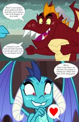 Size: 1320x2040 | Tagged: suggestive, artist:queencold, derpibooru import, edit, garble, princess ember, dragon, amused, comparison, dragoness, dragon lord ember, duo, emble, faic, female, image, implied oral, male, png, shipping, smiling, speech bubble, straight
