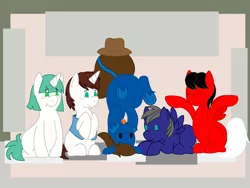 Size: 2828x2121 | Tagged: safe, artist:euphorictheory, derpibooru import, oc, oc:clover, oc:fireblitz, oc:flareblitz, oc:gonard, oc:shuffles, unofficial characters only, pegasus, pony, unicorn, :p, clothes, female, floppy ears, hairband, hat, headstand, image, jpeg, lying down, male, mare, raised hoof, simple background, sitting, spread wings, stallion, tongue out, unshorn fetlocks, vest, wings