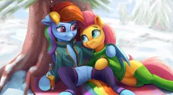 Size: 3892x2153 | Tagged: safe, artist:gouransion, derpibooru import, fluttershy, rainbow dash, pegasus, pony, cider, clothes, female, flutterdash, image, lesbian, looking at each other, png, shipping, smiling, smiling at each other, snow, snowfall, socks, stockings, sweater, thigh highs