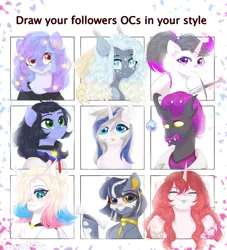 Size: 1862x2048 | Tagged: safe, artist:kawipie, derpibooru import, oc, oc:hazel radiate, unofficial characters only, alicorn, bat pony, changeling, pony, unicorn, :p, alicorn oc, bat pony oc, bat wings, bust, changeling oc, choker, collar, colored hooves, eyebrows, eyelashes, eyes closed, glow, glowing horn, grin, highlights, holding, hoof hold, horn, image, jpeg, looking at you, magic, magic aura, ocs everywhere, ponytail, portrait, purple eyes, smiling, sword, tongue out, two toned mane, unicorn oc, unshorn fetlocks, weapon, wings