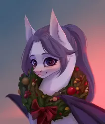 Size: 2200x2600 | Tagged: safe, artist:inarimayer, derpibooru import, oc, unofficial characters only, bat pony, pony, bust, christmas, christmas wreath, gradient background, heart eyes, high res, holiday, image, png, smiling, solo, wingding eyes, wreath