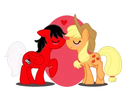 Size: 2828x2121 | Tagged: safe, artist:euphorictheory, derpibooru import, applejack, oc, oc:gonard, earth pony, pegasus, pony, blushing, duo, female, hairband, hat, heart, image, male, mare, nuzzling, png, raised hoof, shipping, simple background, stallion, transparent background