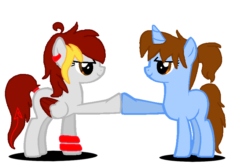 Size: 756x540 | Tagged: safe, artist:euphorictheory, derpibooru import, oc, oc:catbell, oc:wolfbane, unofficial characters only, pegasus, pony, unicorn, arm band, base used, brown eyes, brown mane, brown tail, colored wings, duo, duo female, ear piercing, female, filly, foal, folded wings, hairband, hoofbump, horn, image, pegasus oc, piercing, png, ponytail, shadow, simple background, smiling, standing, tail, transparent background, unicorn oc, wings