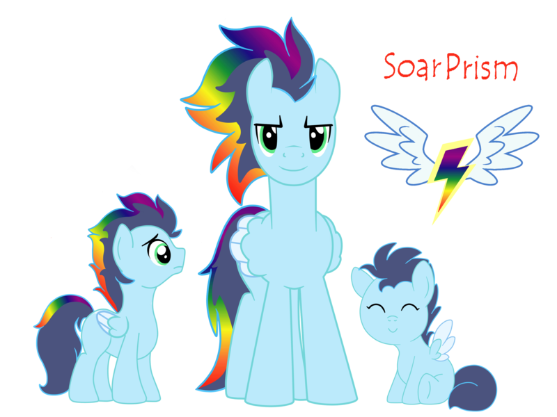 Size: 2828x2121 | Tagged: safe, artist:euphorictheory, derpibooru import, oc, oc:soar prism, unofficial characters only, pegasus, pony, age progression, colored wings, colt, foal, image, male, offspring, parent:rainbow dash, parent:soarin', parents:soarindash, png, reference sheet, simple background, sitting, spread wings, stallion, text, transparent background, wings