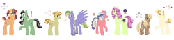 Size: 13000x3000 | Tagged: safe, artist:queenderpyturtle, derpibooru import, cloud kicker, oc, unofficial characters only, earth pony, pegasus, pony, unicorn, absurd resolution, female, image, magical gay spawn, male, mare, offspring, parent:blossomforth, parent:cherry jubilee, parent:daisy, parent:lily valley, parent:ms. harshwhinny, parent:ms. peachbottom, parent:quibble pants, parent:roseluck, parent:sapphire shores, parent:zephyr breeze, parents:cloudforth, parents:feathersqueak, parents:moonset, parents:quibblebreeze, png, simple background, stallion, transparent background
