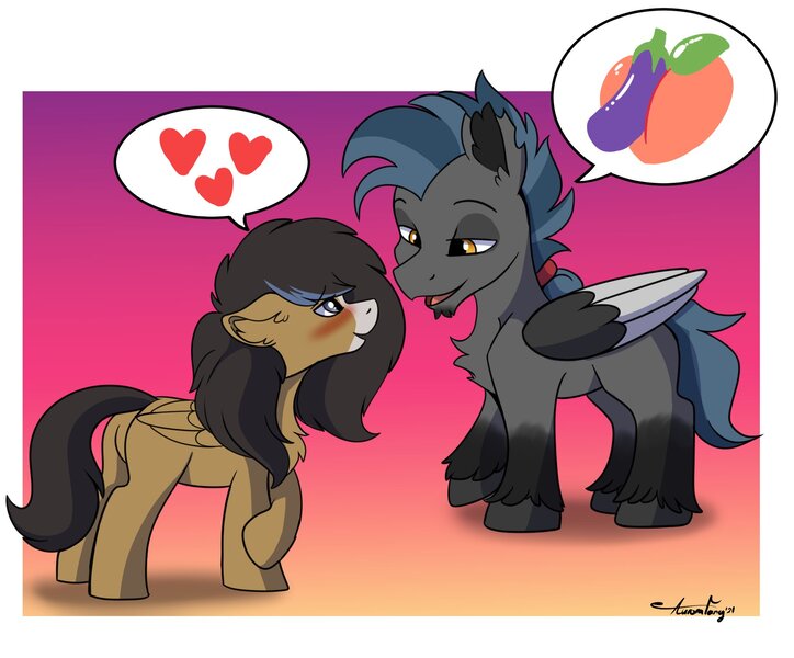 Size: 2000x1658 | Tagged: suggestive, artist:aurorafang, derpibooru import, oc, oc:gear (gearslavehorse), oc:shrapnel (gearslavehorse), unofficial characters only, pegasus, pony, blaze (coat marking), blushing, butt, chest fluff, chin fluff, coat markings, colored wings, emoji, facial markings, flirting, floppy ears, folded wings, gay, golden eyes, gray eyes, image, imminent sex, implications, jpeg, looking at each other, looking at someone, male, males only, pegasus oc, socks (coat marking), stallion, torn ear, two toned mane, two toned wings, unshorn fetlocks, wings