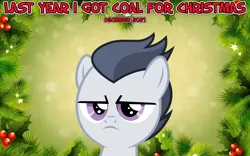 Size: 2064x1289 | Tagged: safe, artist:frownfactory, artist:not-yet-a-brony, derpibooru import, rumble, pegasus, pony, 2021, christmas, colt, december, foal, frown, hearth's warming, holiday, image, last year i got coal for christmas, male, png, rumble is not amused, song reference, vincent tong, voice actor joke, youtube link in the description