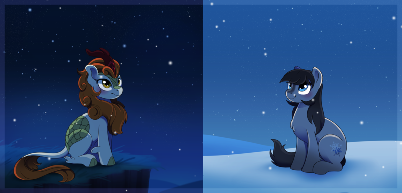 Size: 5182x2496 | Tagged: source needed, safe, anonymous artist, autumn blaze, oc, oc:frosty flakes, kirin, pony, taiga pony, blaze (coat marking), blushing, chest fluff, cloven hooves, cute, female, image, mare, night, png, quadrupedal, sitting, snow, socks (coat marking), stars