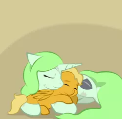 Size: 900x878 | Tagged: safe, artist:askmerriweatherauthor, derpibooru import, oc, oc:meadow lark (ask merriweather), oc:merriweather, pegasus, pony, unicorn, ask merriweather, colt, female, foal, image, lying down, male, mother and child, mother and son, png, prone, scar, sleeping