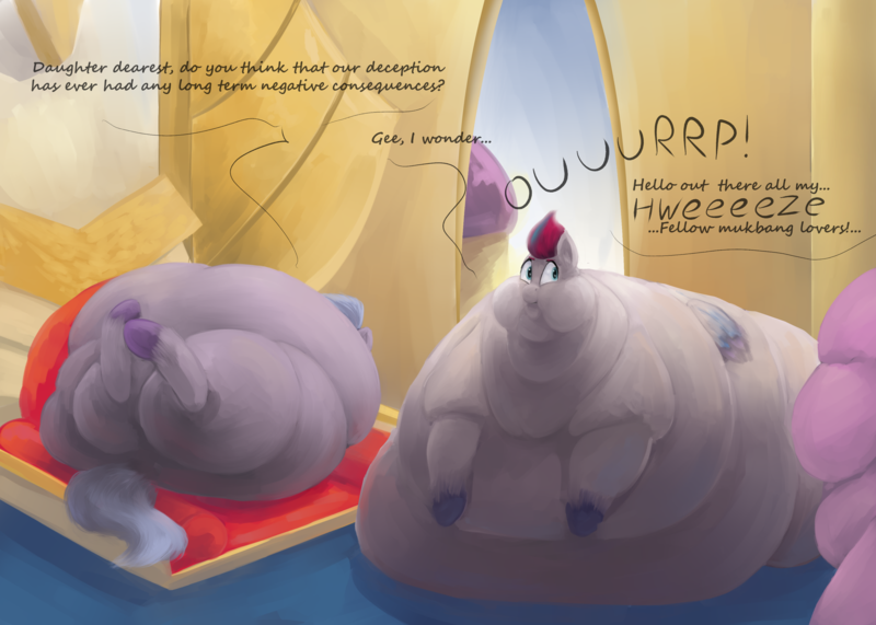 Size: 3500x2500 | Tagged: questionable, artist:lupin quill, derpibooru import, pipp petals, queen haven, zipp storm, pegasus, pony, adipipp, belly, belly bed, big belly, bingo wings, burp, butt, chubby cheeks, dialogue, double chin, fat, fat fetish, female, fetish, g5, huge belly, image, immobile, implied weight gain, impossibly large belly, large butt, lineless, lying down, morbidly obese, mother and child, mother and daughter, near immobile, neck fat, obese, on back, open mouth, panting, png, queen heavy, rolls of fat, sarcasm, siblings, sisters, the ass was fat, throne, unshorn fetlocks, weight gain, zephyr heights, zipp blob