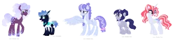 Size: 2522x616 | Tagged: safe, artist:tragedy-kaz, derpibooru import, oc, unofficial characters only, changedling, changeling, earth pony, pegasus, pony, unicorn, base used, changedling oc, changeling oc, earth pony oc, eyelashes, female, group, horn, image, looking back, male, mare, one wing out, parent:princess luna, parents:canon x oc, pegasus oc, png, simple background, smiling, stallion, transparent background, unicorn oc, wings