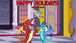 Size: 2064x1160 | Tagged: safe, anonymous artist, artist:drakizora, artist:melisareb, derpibooru import, garble, princess ember, spike, dragon, 2021, canterlot, canterlot castle, christmas, december, embarrassed, ember is not amused, emble, female, flying, gala, happy holidays, hearth's warming, holiday, holly, holly mistaken for mistletoe, image, male, not sure if want, party, png, shipper on deck, shipping, straight, this will end in kisses, this will not end well, winged spike, wings, youtube link in the description