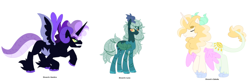 Size: 2179x737 | Tagged: safe, artist:tragedy-kaz, derpibooru import, oc, unofficial characters only, hybrid, pony, base used, female, group, image, interspecies offspring, male, mare, offspring, parent:discord, parent:princess celestia, parent:princess luna, parents:dislestia, parents:lunacord, parents:sombracord, png, simple background, smiling, stallion, transparent background