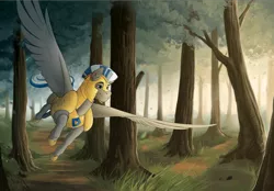 Size: 4092x2841 | Tagged: safe, artist:royvdhel-art, derpibooru import, oc, oc:cloud zapper, unofficial characters only, pegasus, pony, armor, flying, forest, helmet, image, male, pegasus oc, png, royal guard, smiling, stallion, tree, wings