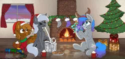 Size: 5500x2612 | Tagged: safe, artist:hellblazer911, artist:rokosmith26, derpibooru import, oc, oc:ash, oc:mazz, oc:steam hooves, unofficial characters only, earth pony, pegasus, pony, candy, candy cane, candy canes, chest fluff, chocolate, christmas, christmas lights, christmas stocking, christmas sweater, christmas tree, clothes, collaboration, commission, commission result, complex background, cookie, cream, curious, curtains, determined, drink, earth pony oc, fake antlers, female, fire, fireplace, food, gingerbread (food), gingerbread man, happy, hat, high res, holding, holiday, hot chocolate, image, indoors, looking at someone, lying down, male, mare, mug, open mouth, pegasus oc, plate, png, present, prone, pulling, reflection, ribbon, santa hat, sitting, snow, stallion, sweater, teeth, tongue out, toy, toy train, tree, trio, wall of tags, whipped cream, window, wing hands, wing hold, wings, wood, wooden floor, worried