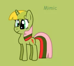 Size: 990x874 | Tagged: safe, artist:piggythebiker689, derpibooru import, mimic (g1), pony, twinkle eyed pony, unicorn, cute, female, g1, g1 to g4, g4, generation leap, green background, green text, image, mare, mimicbetes, png, simple background, smiling, solo, text