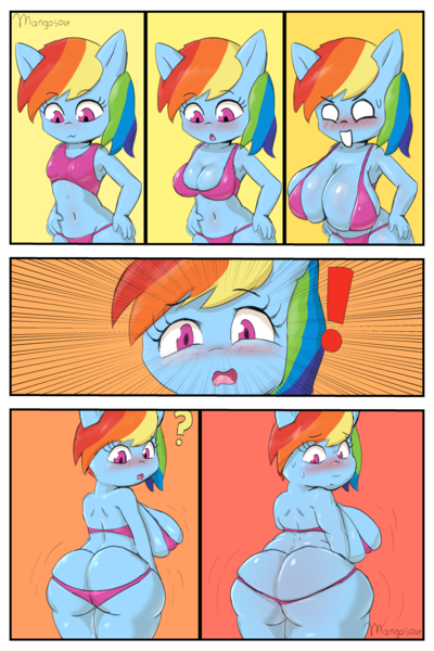 Size: 3000x4500 | Tagged: suggestive, artist:mangosour, derpibooru import, part of a set, rainbow dash, anthro, pegasus, absolute cleavage, bikini, blushing, breast expansion, breasts, busty rainbow dash, butt, butt expansion, chubby cheeks, cleavage, clothes, comic, emanata, exclamation point, growth, image, part of a series, png, question mark, rainbutt dash, rear view, sideboob, solo, swimsuit, tight clothing, weight gain, weight gain sequence, wingless, wingless anthro