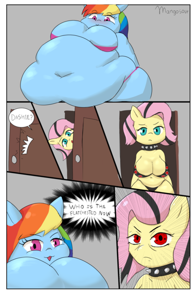 Size: 3000x4500 | Tagged: questionable, artist:mangosour, derpibooru import, part of a set, fluttershy, rainbow dash, anthro, pegasus, :3, akatsuki, belly button, big breasts, bikini, blushing, breast envy, breasts, busty fluttershy, choker, chubby, chubbyshy, cleavage, clothes, comic, dialogue, door, duo, duo female, emoshy, fat, female, females only, high res, huge breasts, image, jealous, naruto, naruto shippuuden, obese, part of a series, png, rainblob dash, spiked choker, swimsuit, thighs, thunder thighs, weight gain, weight gain sequence, wide hips