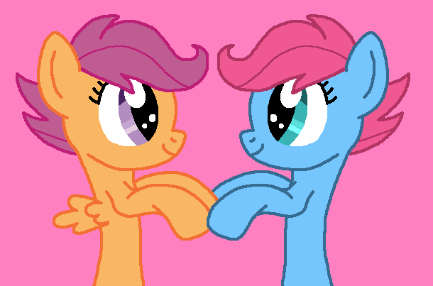 Size: 610x403 | Tagged: safe, artist:brobbol, derpibooru import, baby cuddles, scootaloo, earth pony, pegasus, pony, fanfic:scootaloo's best friend, baby, baby pony, best friends, best friends forever, best ship ever, cuddlebetes, cuddleloo, cute, cutealoo, duo, female, filly, foal, g1, g1 to g4, g4, generation leap, holding hooves, image, lesbian, pink background, png, shipping, simple background, smiling