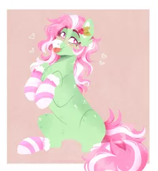 Size: 1000x1077 | Tagged: safe, artist:wanderingpegasus, derpibooru import, minty, earth pony, pony, :p, blushing, clothes, cute, female, image, mare, markings, png, sitting, socks, solo, striped socks, tongue out