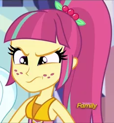 Size: 1002x1080 | Tagged: safe, derpibooru import, screencap, sour sweet, sugarcoat, dance magic, equestria girls, spoiler:eqg specials, :s, annoyed, cropped, discovery family, discovery family logo, female, freckles, image, logo, offscreen character, png, ponytail, sleeveless, sour sweet is not amused, wavy mouth