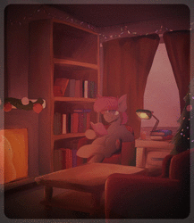 Size: 1440x1658 | Tagged: safe, artist:kirbirb, derpibooru import, oc, oc:stardust, unofficial characters only, bat pony, pony, animated, bookshelf, christmas, fireplace, gift art, holiday, image, lamp, snow, webm