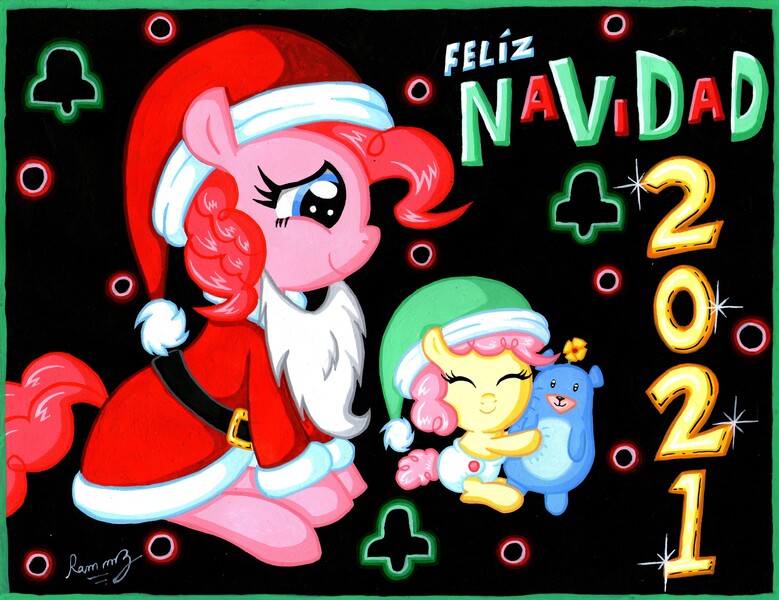 Size: 6544x5041 | Tagged: safe, artist:rammzblood, derpibooru import, pinkie pie, christmas, clothes, costume, eyes closed, hat, holiday, image, jpeg, merry christmas, santa costume, santa hat, toy