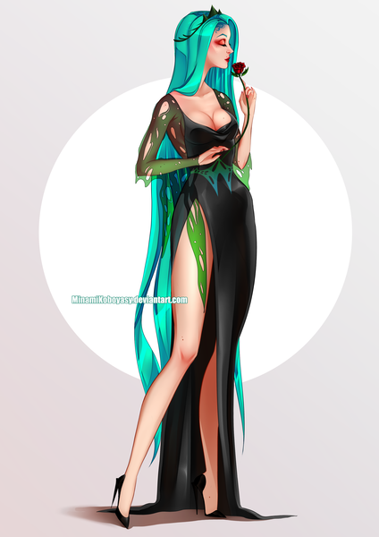 Size: 2893x4092 | Tagged: safe, artist:minamikoboyasy, derpibooru import, queen chrysalis, human, breasts, cleavage, clothes, flower, humanized, image, png, rose, shoes, simple background, white background