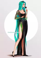 Size: 2893x4092 | Tagged: safe, artist:minamikoboyasy, derpibooru import, queen chrysalis, human, breasts, cleavage, clothes, flower, humanized, image, png, rose, shoes, simple background, white background