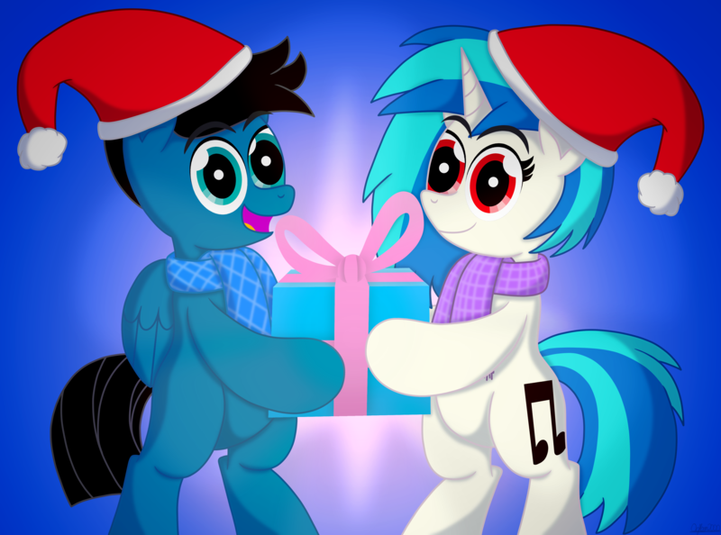 Size: 8896x6600 | Tagged: safe, artist:agkandphotomaker2000, derpibooru import, vinyl scratch, oc, oc:pony video maker, pegasus, pony, unicorn, bipedal, canon x oc, christmas, clothes, female, folded wings, hat, hearth's warming eve, holding, holiday, image, looking at you, male, open mouth, png, present, red eyes, santa hat, scarf, shipping, simple background, straight, videoscratch, wings