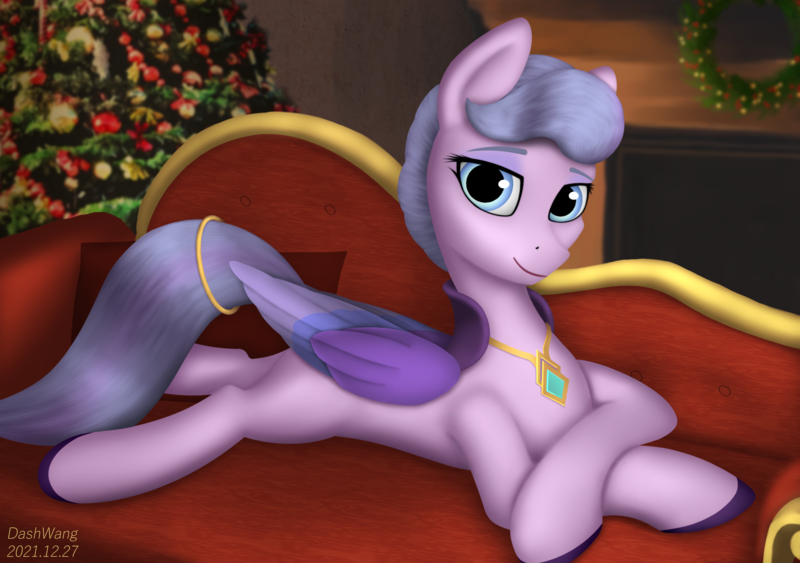 Size: 2224x1564 | Tagged: safe, artist:dash wang, derpibooru import, queen haven, pegasus, pony, my little pony: a new generation, beautiful, bedroom eyes, christmas, female, g5, holiday, image, inviting, jewelry, looking at you, lying down, mare, milf, png, prone, regalia, smiling, smiling at you, solo, tree, wings, wreath