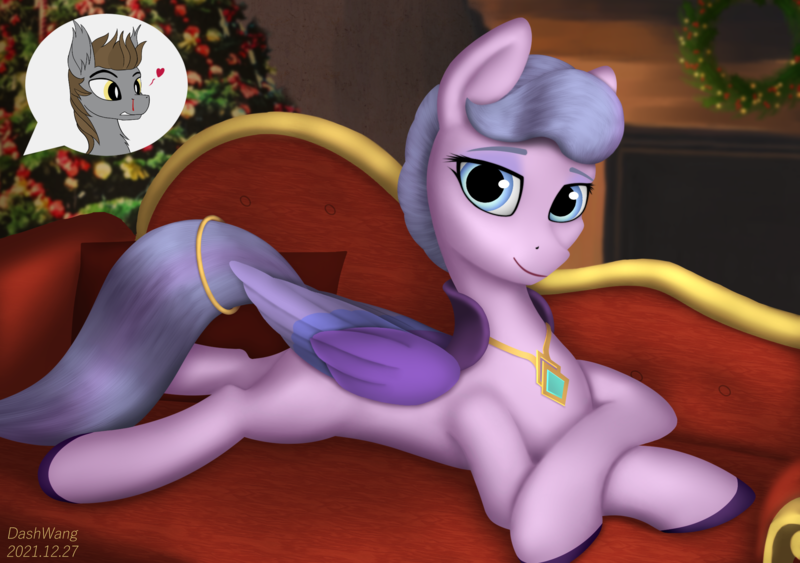Size: 2224x1564 | Tagged: safe, alternate version, artist:dash wang, derpibooru import, queen haven, oc, oc:devin, bat pony, pegasus, pony, my little pony: a new generation, bat pony oc, bat wings, bedroom eyes, blood, canon x oc, christmas, couch, female, fireplace, g5, heart, holiday, image, inviting, jewelry, looking at you, love, lying down, male, mare, milf, necklace, nosebleed, png, regalia, room, shipping, stallion, straight, wings, wreath