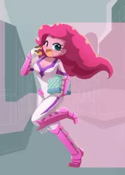 Size: 1280x1801 | Tagged: safe, artist:howxu, derpibooru import, fili-second, pinkie pie, equestria girls, breasts, busty pinkie pie, cleavage, clothes, commission, costume, donut, fast, food, image, jpeg, one eye closed, open mouth, power ponies, superhero