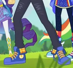 Size: 529x494 | Tagged: safe, derpibooru import, screencap, flash sentry, rainbow dash, rarity, cheer you on, equestria girls, equestria girls series, spoiler:eqg series (season 2), blue sneakers, clothes, converse, cropped, image, jpeg, legs, male, pants, pictures of legs, shoes, sneakers
