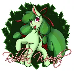 Size: 3743x3641 | Tagged: safe, artist:mscolorsplash, derpibooru import, oc, oc:ribbon wreath, unofficial characters only, earth pony, pony, christmas, christmas wreath, female, hair ribbon, high res, holiday, image, jpeg, mare, pigtails, simple background, solo, transparent background, twintails, wreath