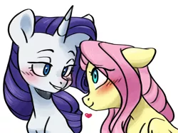 Size: 3742x2800 | Tagged: safe, artist:chub-wub, derpibooru import, fluttershy, rarity, pegasus, pony, unicorn, bedroom eyes, blushing, duo, eyeshadow, female, flarity, grin, heart, image, jpeg, lesbian, looking at each other, looking at someone, makeup, mare, shipping, simple background, smiling, white background