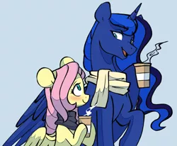 Size: 1649x1359 | Tagged: safe, artist:chub-wub, derpibooru import, fluttershy, princess luna, alicorn, pegasus, pony, blue background, blushing, clothes, coffee, coffee cup, cup, duo, female, image, jpeg, lesbian, lunashy, mare, open mouth, raised hoof, scarf, shipping, simple background