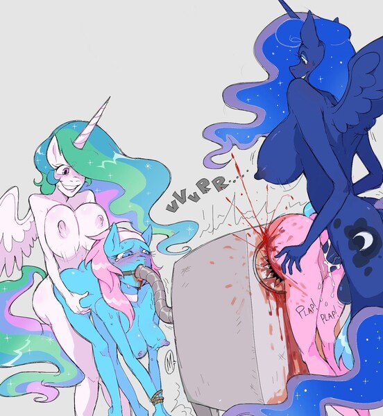 Size: 1536x1670 | Tagged: explicit, grimdark, grotesque, artist:honkinghighblood, derpibooru import, aloe, lotus blossom, princess celestia, princess luna, anthro, blood, breasts, cannibalism, creampie, crying, cum, dead, death, female, fetish, forced cannibalism, futa, futa on female, futa princess celestia, futa princess luna, gore, grinder, hanging breasts, image, intersex, jpeg, meat grinder, necrophilia, rape, sex, snuff, spa twins, whitekitten