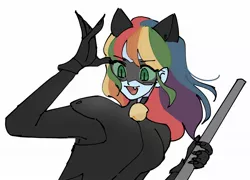 Size: 2048x1472 | Tagged: safe, artist:warnerstan2, derpibooru import, rainbow dash, equestria girls, bell, cat bell, cat ears, catsuit, chat noir, claws, clothes, costume, crossover, cute, cute little fangs, fangs, female, gloves, halloween, halloween costume, holiday, image, jpeg, mask, miraculous ladybug, simple background, solo, white background