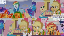 Size: 1280x720 | Tagged: safe, derpibooru import, edit, edited screencap, editor:quoterific, screencap, applejack, fluttershy, pinkie pie, rainbow dash, rarity, sci-twi, sunset shimmer, twilight sparkle, equestria girls, equestria girls series, holidays unwrapped, spoiler:eqg series (season 2), applejack's hat, bowtie, clothes, cowboy hat, cutie mark, cutie mark on clothes, dashing through the mall, denim skirt, female, geode of empathy, geode of fauna, geode of super speed, geode of super strength, glasses, hat, hoodie, humane five, humane seven, humane six, image, jacket, jewelry, jpeg, leather, leather jacket, magical geodes, milkshake, necklace, open mouth, open smile, ponytail, present, rarity peplum dress, skirt, smiling