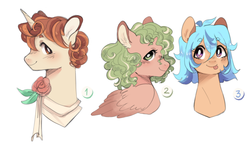 Size: 2557x1482 | Tagged: safe, artist:pandemiamichi, derpibooru import, oc, unofficial characters only, earth pony, pegasus, pony, unicorn, bust, female, image, mare, png, portrait, simple background, transparent background