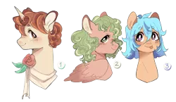 Size: 2557x1482 | Tagged: safe, artist:pandemiamichi, derpibooru import, oc, unofficial characters only, earth pony, pegasus, pony, unicorn, bust, female, image, mare, png, portrait, simple background, transparent background