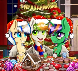 Size: 4600x4200 | Tagged: safe, artist:rainbowfire, derpibooru import, caramel, oc, earth pony, pegasus, pony, unicorn, equestria girls, friendship games, blue eyes, candies, candy, cape, christmas, christmas lights, christmas tree, clothes, cupcake, food, gingerbread house, green eyes, holiday, hugs needed, image, new year, newbie artist training grounds, png, purple eyes, scarf, sweets, tree