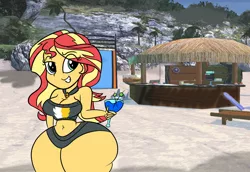 Size: 1024x704 | Tagged: suggestive, artist:sinkcandycentral, derpibooru import, sunset shimmer, equestria girls, alcohol, ass, beach, beach shorts swimsuit, beverage, breasts, bunset shimmer, busty sunset shimmer, butt, cleavage, extra thicc, female, huge butt, image, impossibly large thighs, large butt, martini, older sunset, png, solo, solo female, sunset shimmer's beach shorts swimsuit, thick, thighs, thunder thighs, wide hips