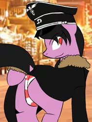 Size: 673x891 | Tagged: suggestive, artist:anedgycreator, derpibooru import, oc, oc:fraulina, unofficial characters only, earth pony, pony, background, badge, black mane, butt, butt touch, christmas, clothes, colored, colored doodle, doodle, earth pony oc, eyebrows, eyebrows visible through hair, female, flank, hat, hearth's warming, holiday, hoof on butt, image, looking back, mare, military, military pony, military uniform, nazi, panties, peaked cap, plot, png, rear view, red eyes, schutzstaffel, teasing, teasing you, totenkopf, underwear, uniform, winter outfit