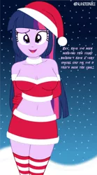 Size: 4252x7654 | Tagged: suggestive, artist:alandssparkle, derpibooru import, part of a set, twilight sparkle, twilight sparkle (alicorn), alicorn, equestria girls, background, belly button, belt, breasts, busty twilight sparkle, christmas, cleavage, clothes, costume, derpibooru exclusive, dialogue, female, hands behind back, hat, holiday, image, looking at you, midriff, png, santa costume, santa hat, signature, skirt, snow, socks, solo, solo female, stockings, talking to viewer, thigh highs